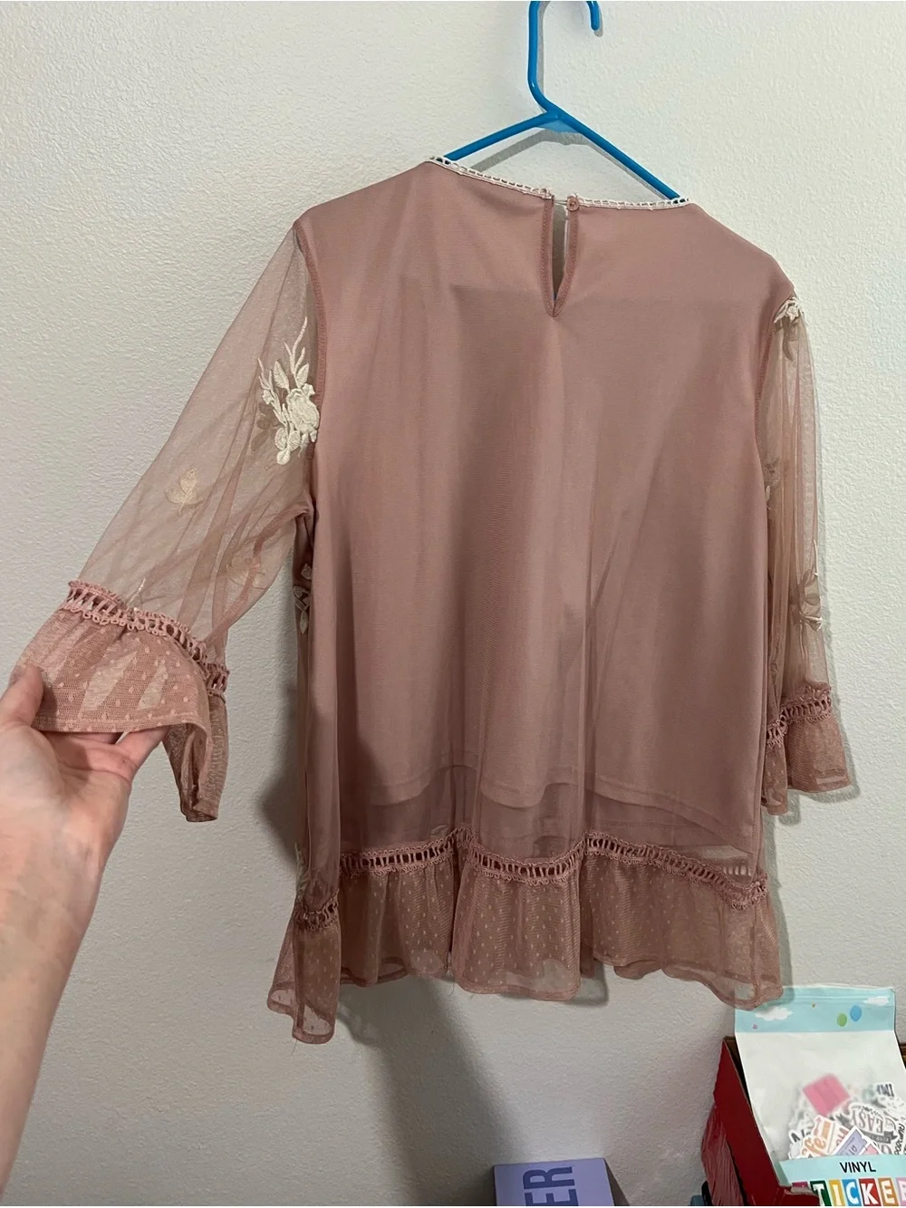 Suzanne Betro Dusty Rose Mesh Tunic with Ivory Floral Appliqué